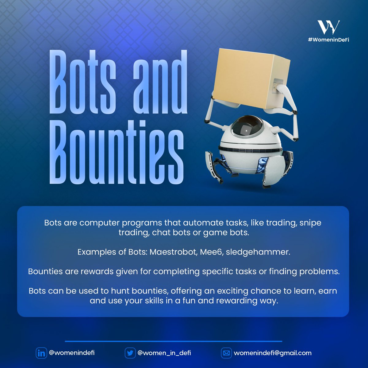 womenindefi_org's tweet photo. Sure you have heard of Bots and Bounties.
Incase you don't. Think "Automation and Rewards."
Gm CT_Ng
#womenindefi #dailydoseofcrypto #Crypto #CryptoEducation https://t.co/jw4D0ANQHC