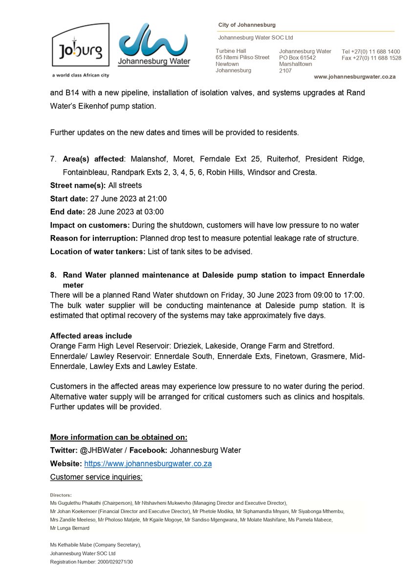 Johannesburg Water on Twitter "Daily water supply system status
