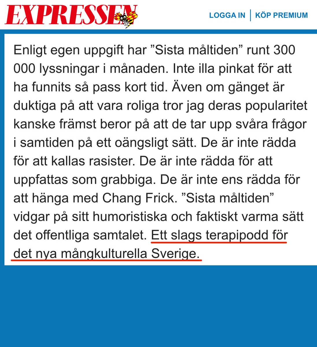 Journalisten <a href="/pascalidou/">Alexandra Pascalidou</a> hänvisar nog till texten i Expressen om Sista Måltiden.

Rubriken lyder ”De är inte rädda för att kallas rasister”, vilket är en lek med faktumet att vi anklagas för rasism av ängsliga röster fastän vi inte är det.

Alls.

Alexandra Pascalidou är