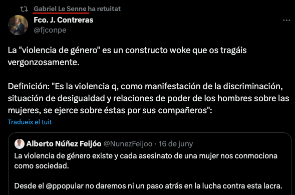 Del poc que he llegit del proper president del <a href="/ParlamentIB/">Parlament de les Illes Balears</a>, Gabriel Le Senne, només puc dir que é una amenaça per a la democràcia i la convivència. El seu TL (i els seus escrits a MallorcaDiario!) van des de la negació a la violència de gènere (1/4)
