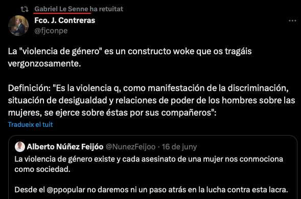 Del poc que he llegit del proper president del @ParlamentIB, Gabriel Le Senne, només puc dir que é una amenaça per a la democràcia i la convivència. El seu TL (i els seus escrits a MallorcaDiario!) van des de la negació a la violència de gènere (1/4)