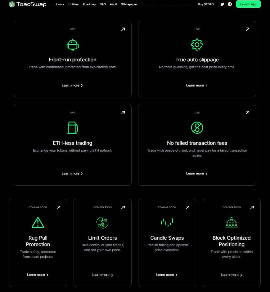 here`s why #crypto needs ToadSwap:

✅ Frontrun protection
✅ Ethless swaps
✅No failed transaction fees
✅Rugpull protection
✅Candle swaps
✅Limit orders
✅Block optimized positioning
✅True auto-silppage
✅Multi dex trading
✅Multi chain trading

#eth #btc #altcoin #100xGems