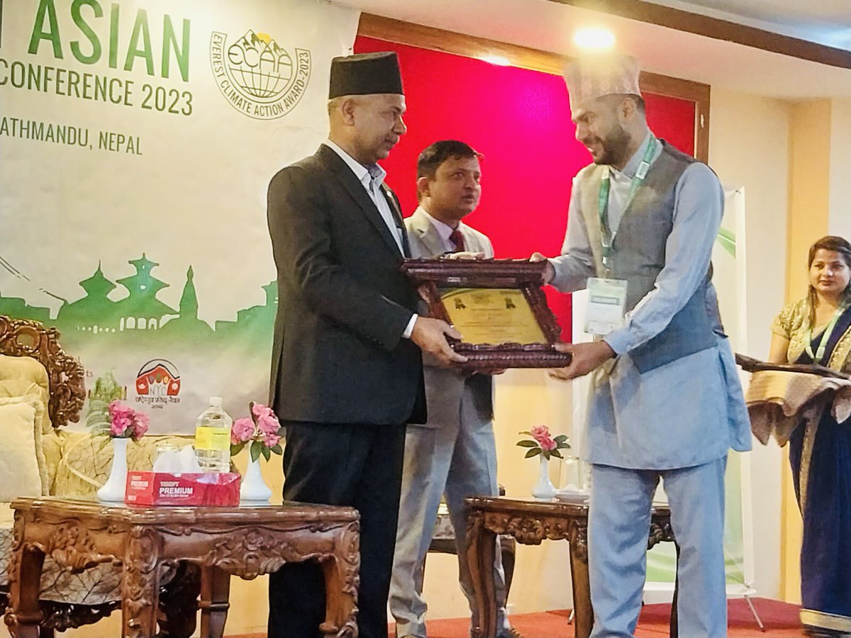 Sarozach's tweet photo. : Honored to receive the ‘Everest Climate Action Award-2023 from H.E. Ram Sahaya Yadav, Vice-President of Nepal during the South Asian Climate Action Conference-2023 under the theme ‘Uniting the World to tackle Climate Change’ organized by Government of Nepal, MoYS https://t.co/0gz5yIVLG6