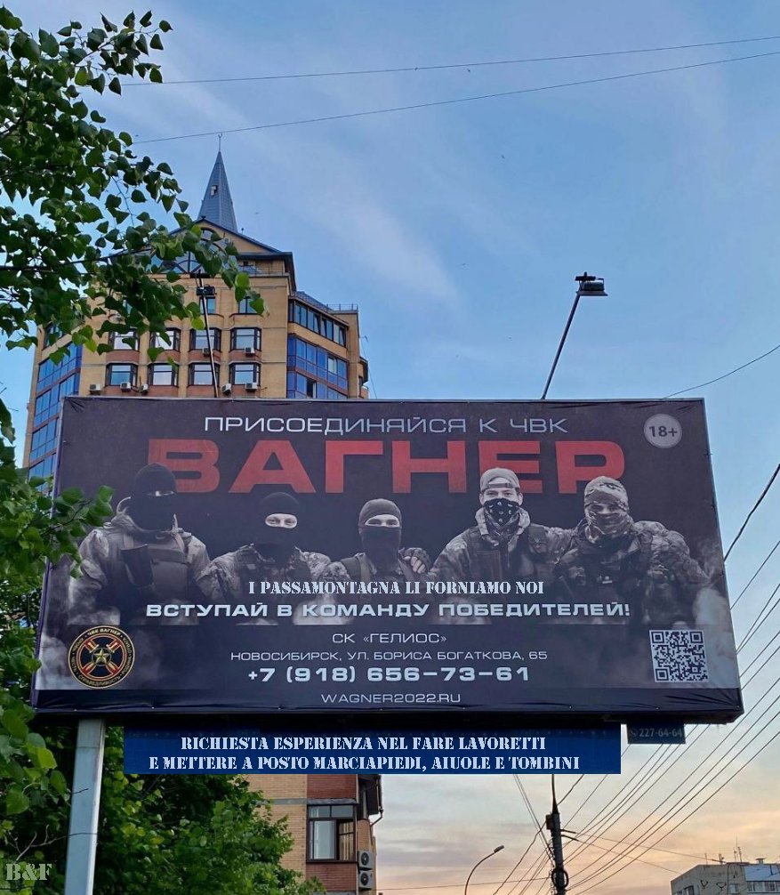 marcosi51306532's tweet photo. Attualità
🇷🇺 Il #recruitment della PMC "#Wagner" continua.
L'#Orchestra ritornerà in azione in 5 agosto.
Ma "rubando" un suggerimento arrivato dall'#Italia sarà impegnata anche in nuovi #scenaritattici.

#Grillo #passamontagna #BrigateDiCittadinanza #carriera #lavoretti #satira https://t.co/qdQ1yex5S8