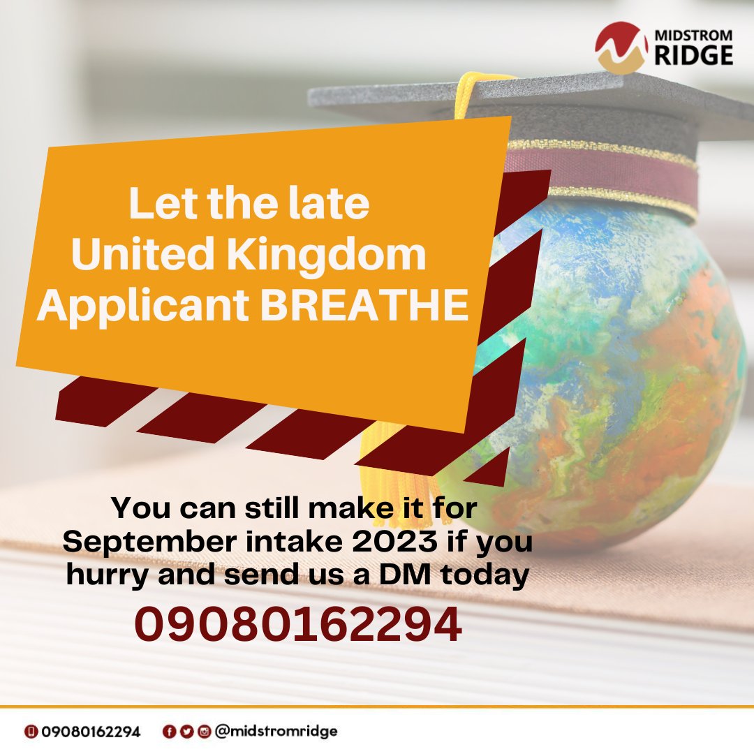 Let the late UK applicants breathe! Let them breathe!

We are still taking in applications for September 2023 for the United Kingdom applicants.

Call us or send us a DM on WhatsApp today at 09080162294 now!

#overseasadmission  #studyinuk #midstromridge