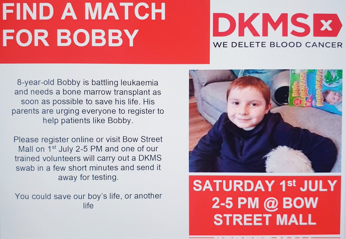 8 year old Bobby Browne is battling Leukaemia and needs a bone marrow transplant urgently. You can help- there will be a swab drive 1st July between 2-5pm at Bow Street Mall Lisburn outside Primark. A few minutes could save Bobby's life or someone else 🙏🙏❤❤