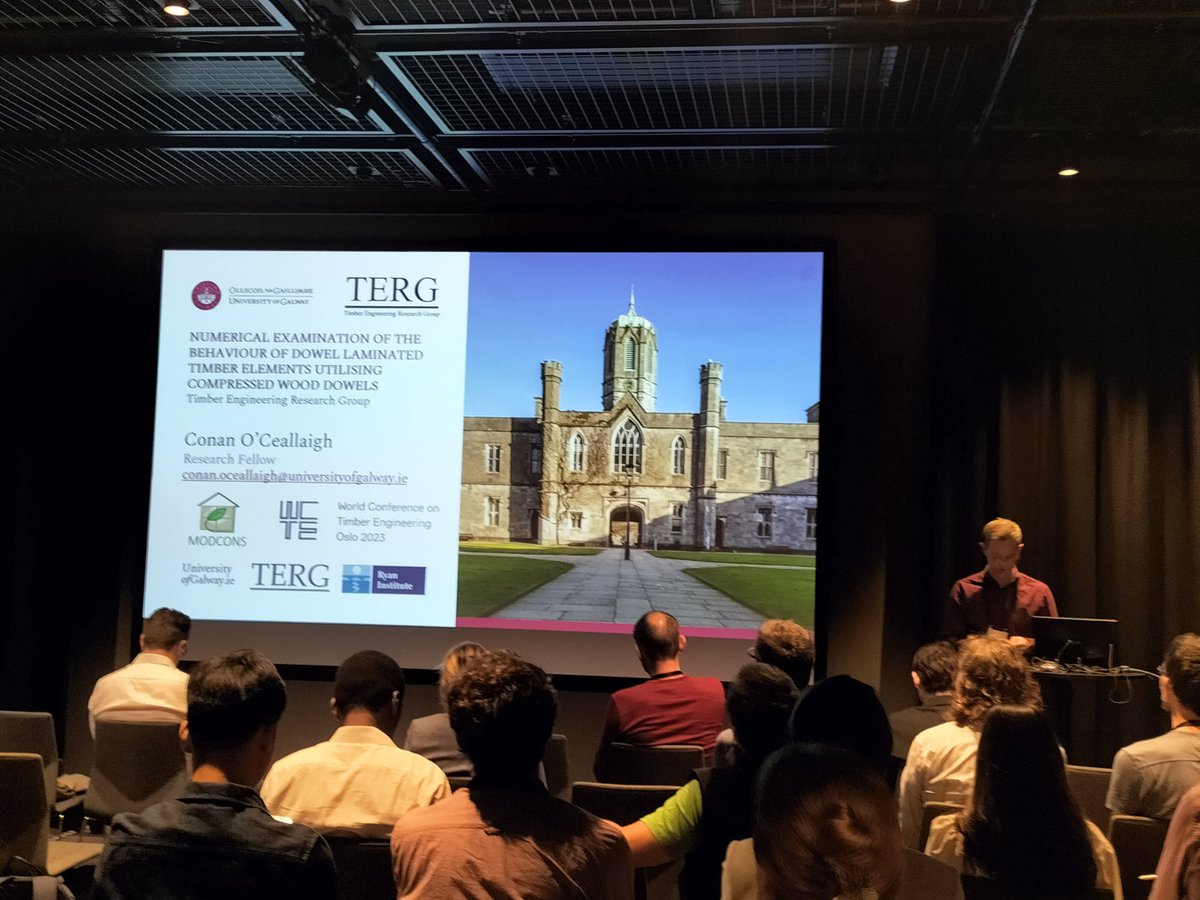 Timber Engineering Research Group (@terg_unigalway) on Twitter photo Full house to listen to <a href="/ConanOCeallaigh/">Conan O'Ceallaigh</a> presenting his work <a href="/MODCONS_Project/">MODCONS Project</a> NUMERICAL EXAMINATION OF THE BEHAVIOUR OF DOWEL LAMINATED TIMBER ELEMENTS UTILISING COMPRESSED WOOD DOWELS #wcte2023 #timber #Engineering Full house to listen to <a href="/ConanOCeallaigh/">Conan O'Ceallaigh</a> presenting his work <a href="/MODCONS_Project/">MODCONS Project</a> NUMERICAL EXAMINATION OF THE BEHAVIOUR OF DOWEL LAMINATED TIMBER ELEMENTS UTILISING COMPRESSED WOOD DOWELS #wcte2023 #timber #Engineering