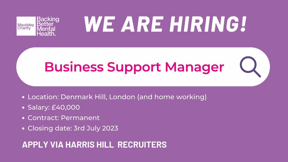 We're hiring! 📢

We’re looking for a Business Support Manager to provide governance, HR and business support with excellent attention to detail, a strong sense of initiative and approachable.

Apply now: maudsleycharity.org/jobs/business-… #JobOpening #MentalHealthResearch #JoinOurTeam