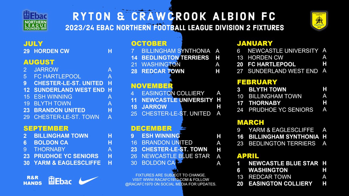 📅 Our Ebac Northern League 2 fixtures for the 2023/24 season!

Details: racafc1970.com/2023-24-northe…

#RACA🔵⚫️