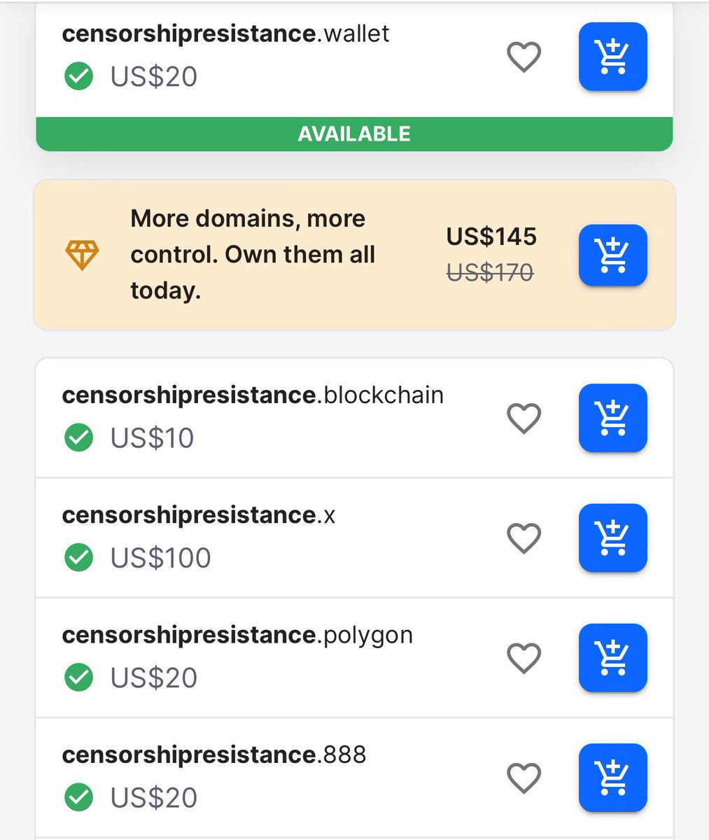 GM #UDfam

Here is a great domain with only a few TLDs left. Having a domain that promotes censorship resistance is a great way to showcase #web3 & #decentralization.

Support us & purchase it here: nftdomains.co.za (5% of purchases go towards charitable causes in Africa)