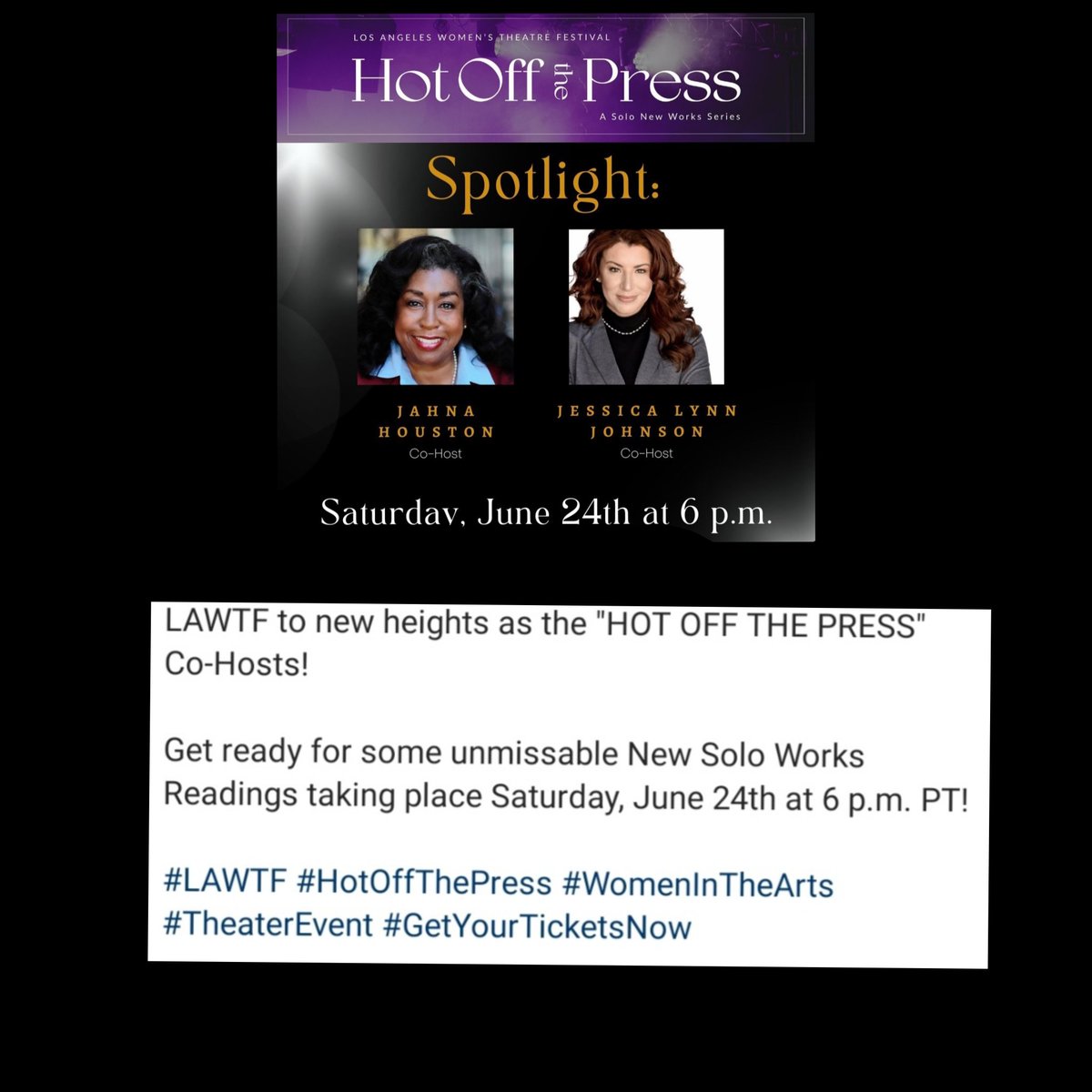 HOT OFF THE PRESS 'SPOTLIGHT'
Website - lawtf.org
#LAWTF #hotoffthepress #womeninthearts #theaterevent #getyourticketsnow