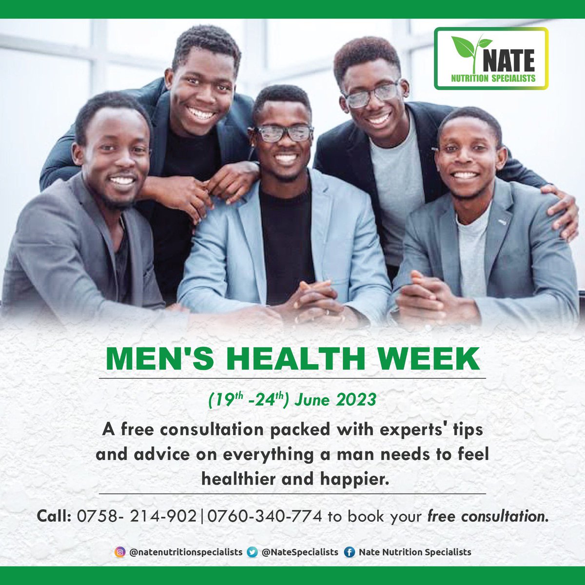 Here is a beautiful opportunity for all the men.

Book your slot for a free consultation with our experts. @NateSpecialists 

Men, it’s your time!

#FathersDay #MensHealthWeek