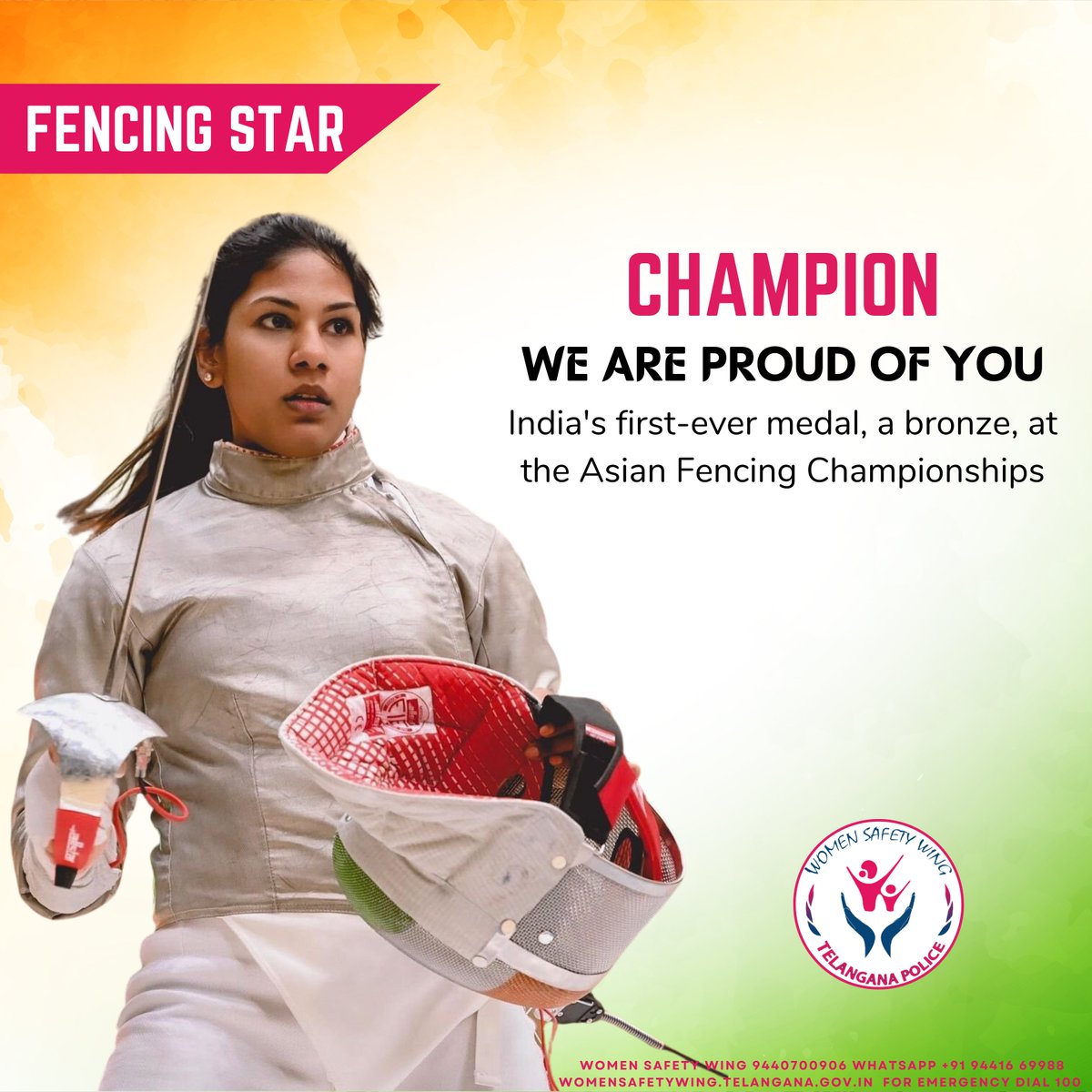 tg_womensafety's tweet photo. Trailblazer Olympian @IamBhavaniDevi 🤺
creates history by winning India's first-ever medal, a bronze🥉at the Asian Fencing Championships in China. We are very proud of your achievement!

#Champion #Fencing #ProudIndian #India #WomenSafetyWing #TelanganaPolice #Telangana https://t.co/RQq0MD7kXm