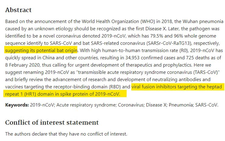 Oh look who he pops up with. His buddy Zengli Shi, the 'Batwoman' whose lab were the source of the Wuhan COVID outbreak.

'Development of Viral Fusion inhibitors' you say?