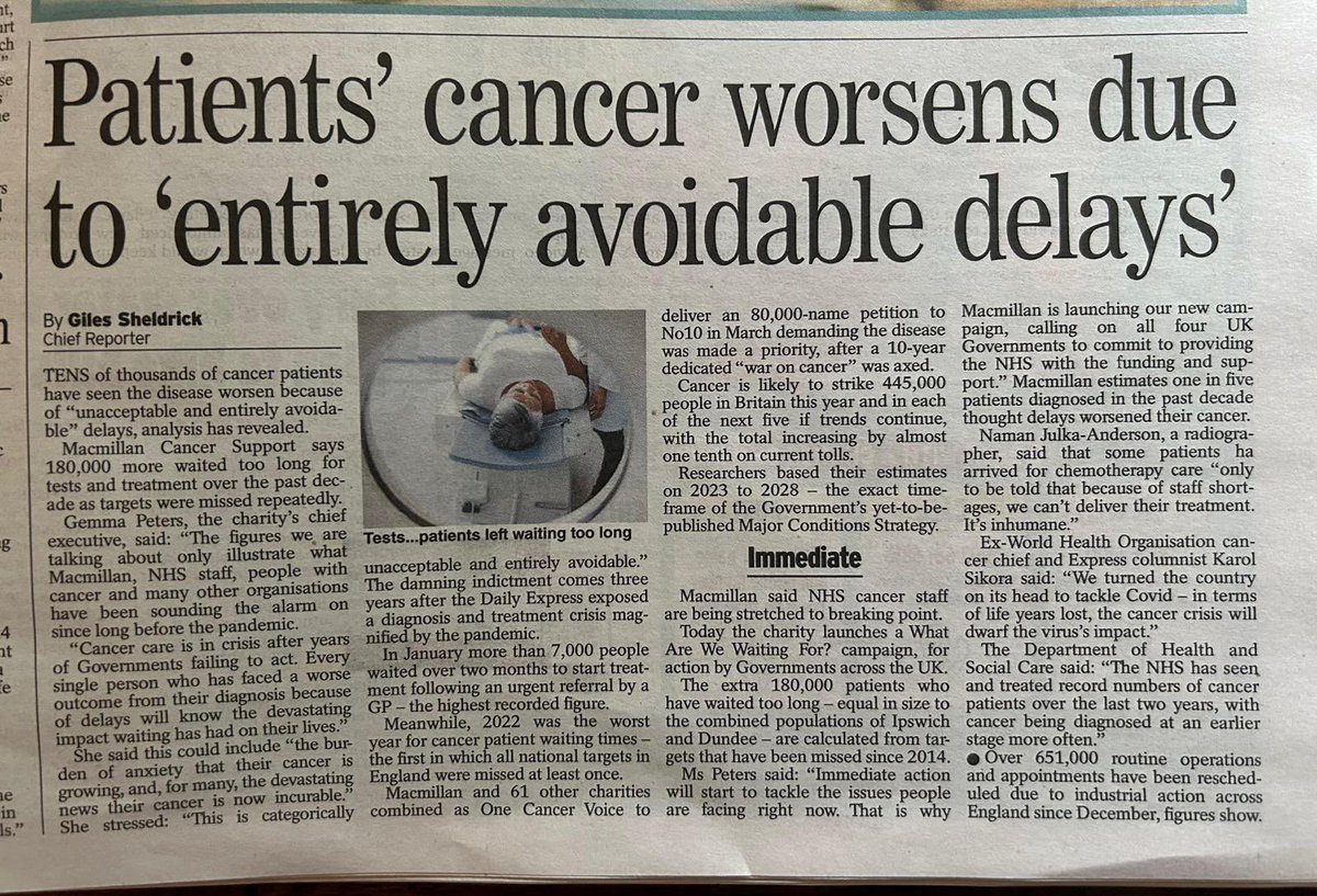 Today @macmillancancer have launched their campaign: “What are we waiting for?” Read my quotes from in @Daily_Express, @thetimes and the @dailytelegraph. It’s time to hold this government accountable for the #cancer delays, cancer care and the #NHS are in crisis.