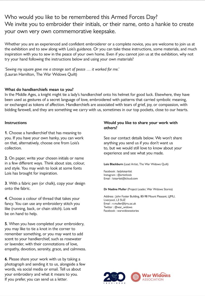 PLS RT! Sew a Token of Love for #ArmedForcesDay | As part of our War Widows Quilt Exhibition in #Liverpool this Saturday, our Lead Artist, Lois Blackburn, invites you to sew your very own keepsake at St George’s Hall, or from the comfort of your home. Who will you remember?