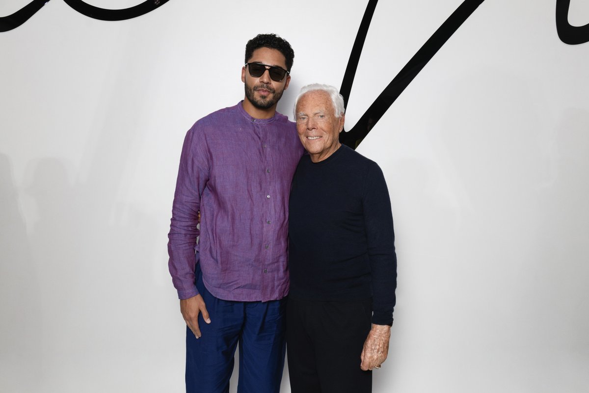 armani's tweet image. Mr Armani with special guests in Via Borgonuovo for the Giorgio Armani SS24 Men’s show. ⁣⁣
⁣
@JohnBoyega  @MichaelEvansB05 #MarkStrong 
#BrendanFraser