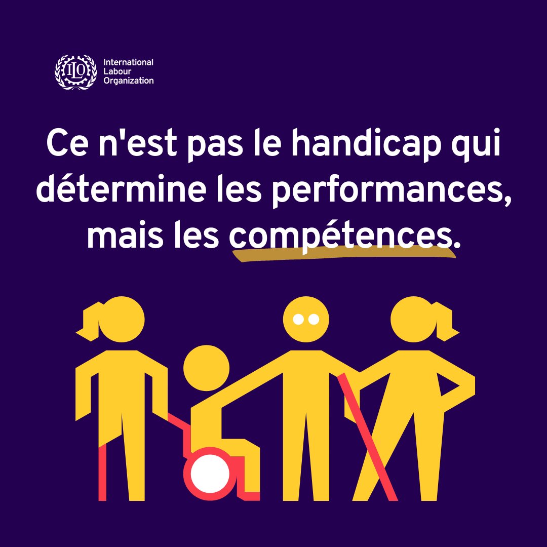 🟣 #LeSaviezVous : Aujourd'hui, plus d' 1️⃣ milliard de personnes vivent avec un #handicap.

🔷 L'OIT s'est engagée de longue date à assurer un travail décent aux personnes handicapées. 

🔺 Pour un monde du #travail ➕ inclusif pour les personnes handicapées❗

#JusticeSociale👇