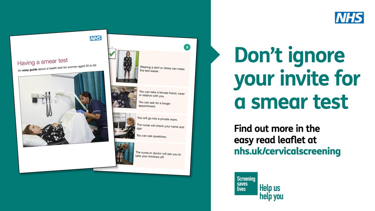 It is important to go to your smear test. It can help you find any problems early. Find out more in this #NHS #EasyRead leaflet- assets.publishing.service.gov.uk/government/upl… 

#LearningDisability  #CervicalScreeningAwarenessWeek #CervicalScreening  

@mencap_charity