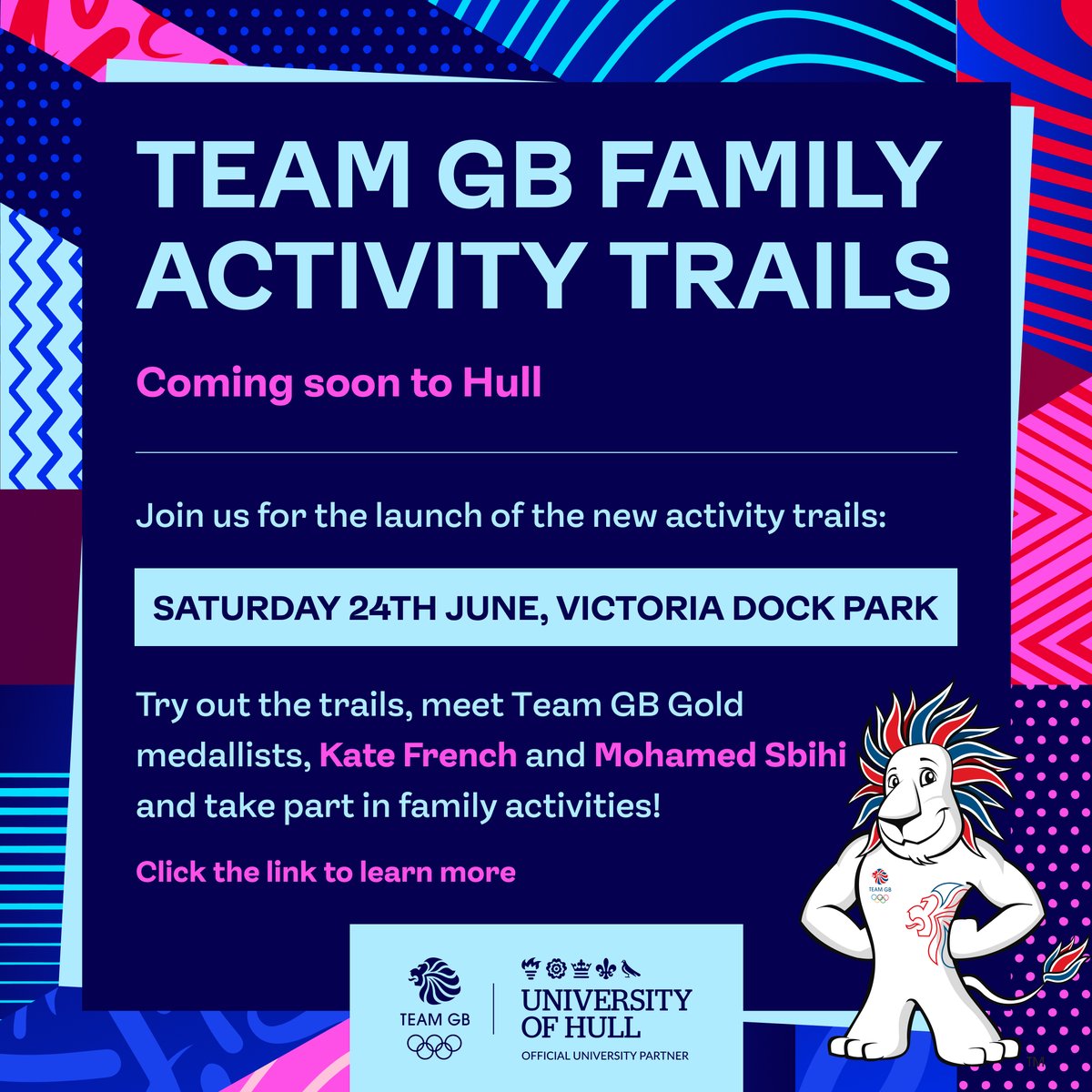 Join us for a new Uni of Hull X <a href="/TeamGB/">Team GB</a> project in Hull – family activity trails. Try them out alongside #TeamGB gold medallists <a href="/moesbihi/">Moe Sbihi</a> and <a href="/KateFrench3/">Kate French</a>, participate in competitions, &amp; more!

📍 Victoria Dock Park
🗓️ 24/6/23
👋 Open to all!

More: activelearning.hull.ac.uk/team-gb/activi…