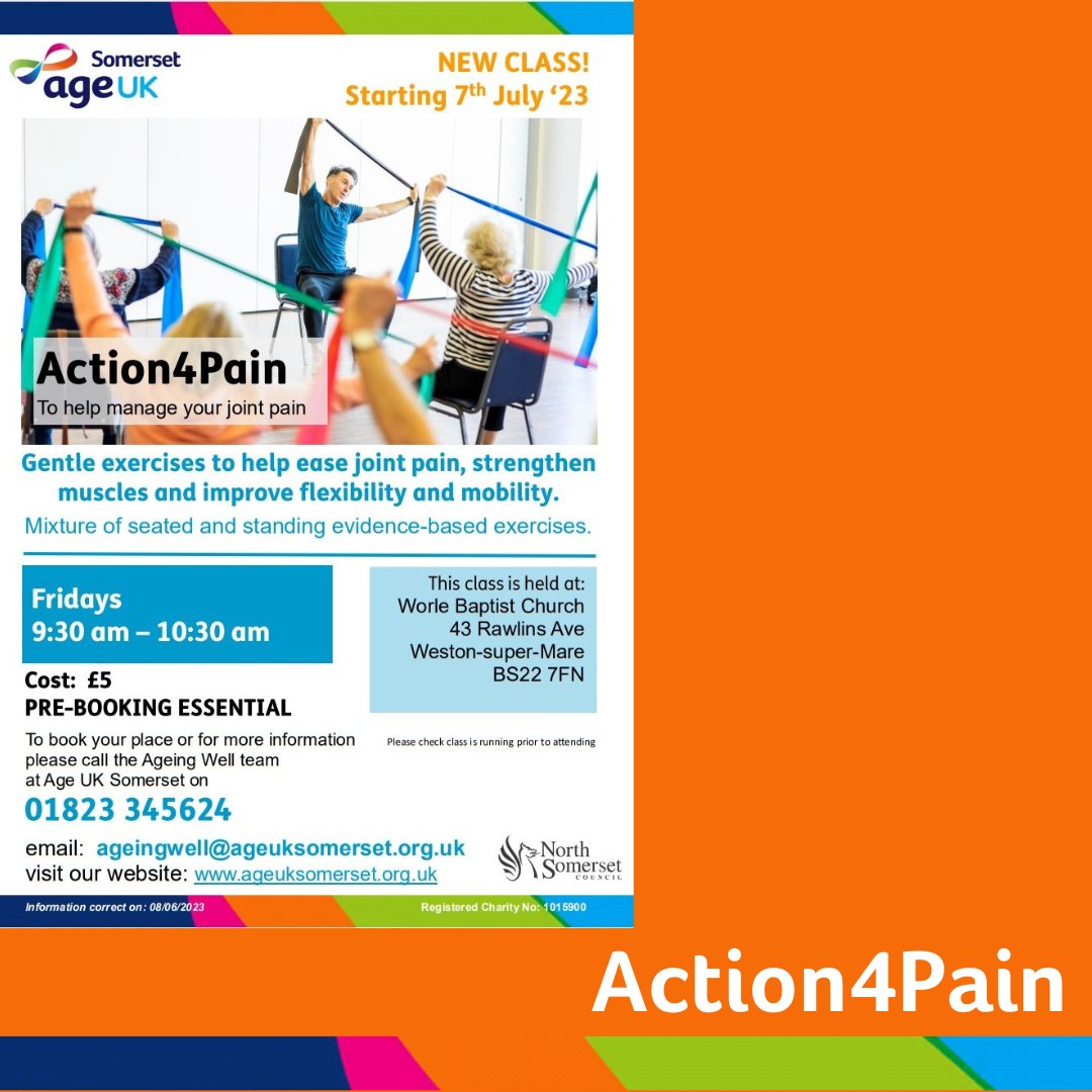 NEW CLASS ALERT!🎉 

Take Action against Pain with Age UK Somerset. 

Coming to #worle #northsomerset - Action4Pain, a brand-new exercise class to help ease joint pain, strengthen muscles, and improve mobility & flexibility.
🧵