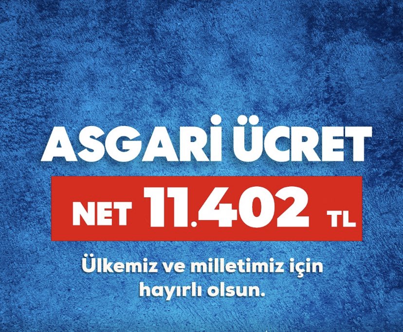 Cumhurbaşkanımız Sayın Recep Tayyip Erdoğan'ın liderliğinde Türkiye Yüzyılı vizyonumuz işçimizi, üretenimizi, insanımızı enflasyona karşı korumaya devam ediyoruz.
Çalışanımıza, iş verenimize ve tüm emekçilerimize hayırlı olsun.

Hep Birlikte Daha İyiye Daha Güzele…