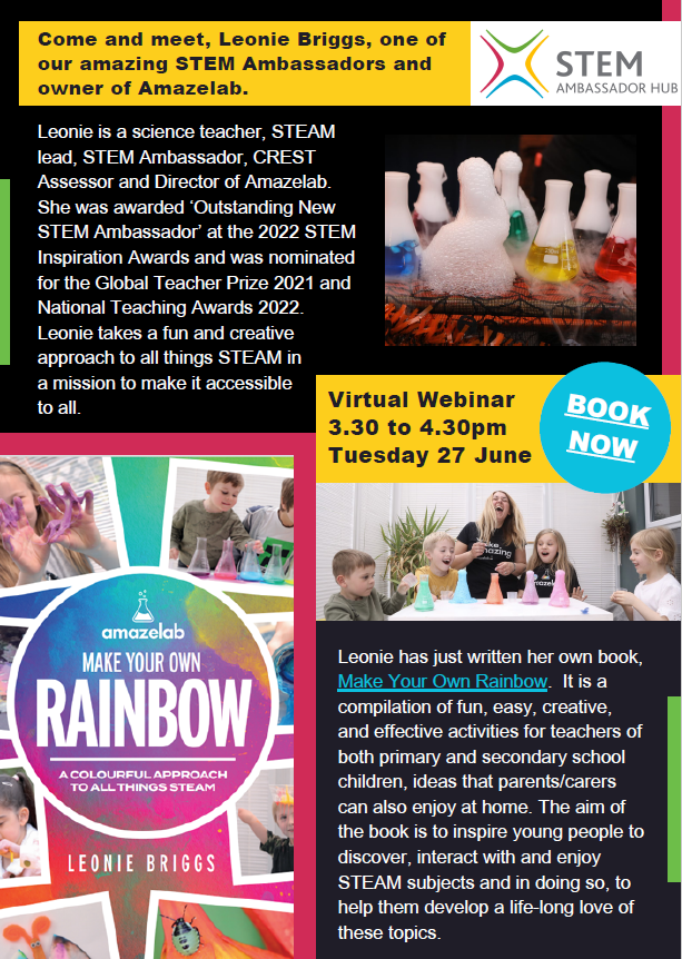 CrownHousePub's tweet photo. Meet @Amaze_Lab's Leonie Briggs, author of #MakeYourOwnRainbow 🌈 at a virtual webinar with @STEMAmbassadors
where you can find out all about new book and explore some of the activities included inside! 🧪

📆 27th June
⏰15:30 - 16:30

Book your place ⬇️
https://t.co/zfgHloB7KG https://t.co/QydKHpnxxA