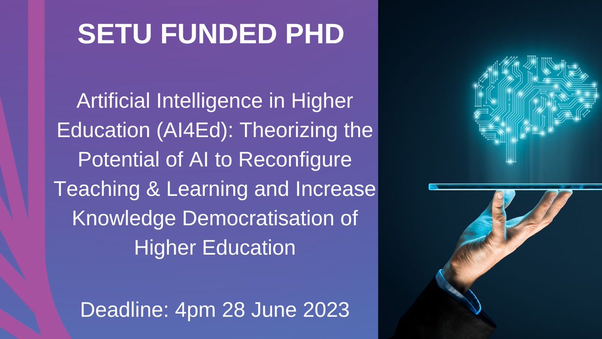 🎓Applications now open for this new funded PhD Opportunity 💻For full project details and how to apply visit: setu.ie/uploads/inner/… ➡️To see more PhD opportunities currently available: setu.ie/research/setu-… #PhD #Scholarship @pj_wall
