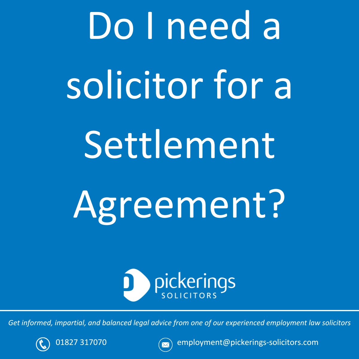 To take advice, contact one of our specialist employment solicitors: Kate Johnson/Peter Brady on 01827 317070 or email employment@pickerings-solicitors.com 

Or go to rb.gy/4obh6 
 
#employmentlaw #employmentlawyers #settlementservices #settlementagreement #settlement