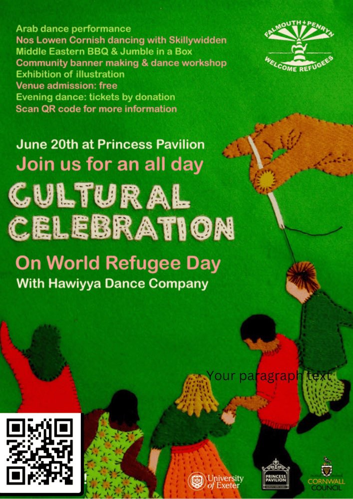 FandPWelcome's tweet photo. It’s World Refugee Week! Don’t forget our event today @PavilionFal - Cornish and Arabic dancing plus a Middle Eastern bbq #CompassionIntoAction #WorldRefugeeDay_2023 https://t.co/wPoq6QJnux