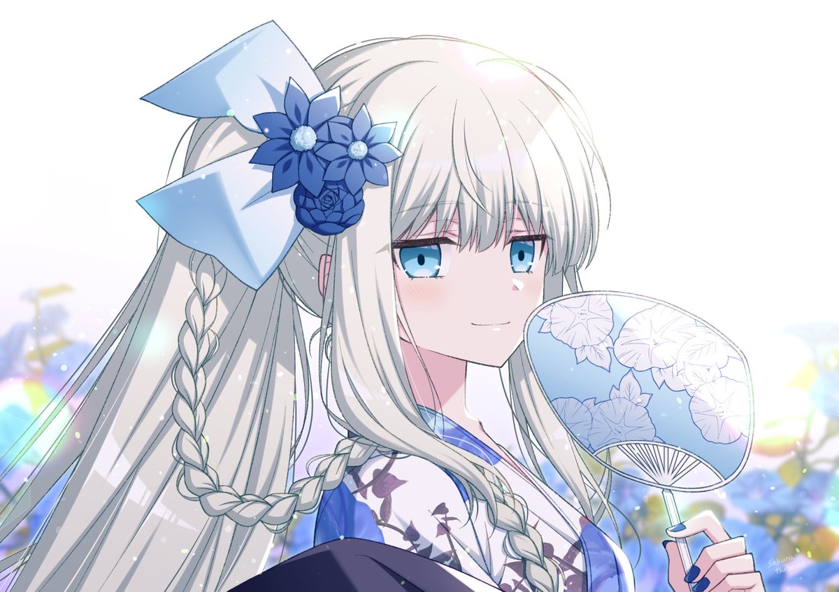 morgan le fay (fate) 1girl japanese clothes braid blue eyes kimono long hair blue flower  illustration images