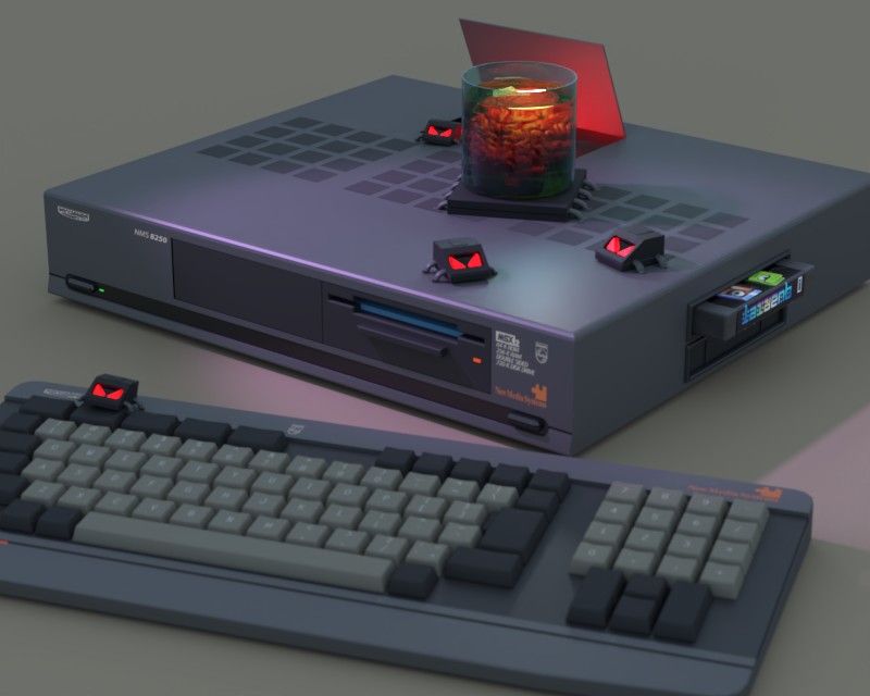 Working on some designs for the #cubedroid box and manual. Couldn't resist adding these critters to my 8250 model. "Hey, I've got bugs in my computer!" 😅  #MSX