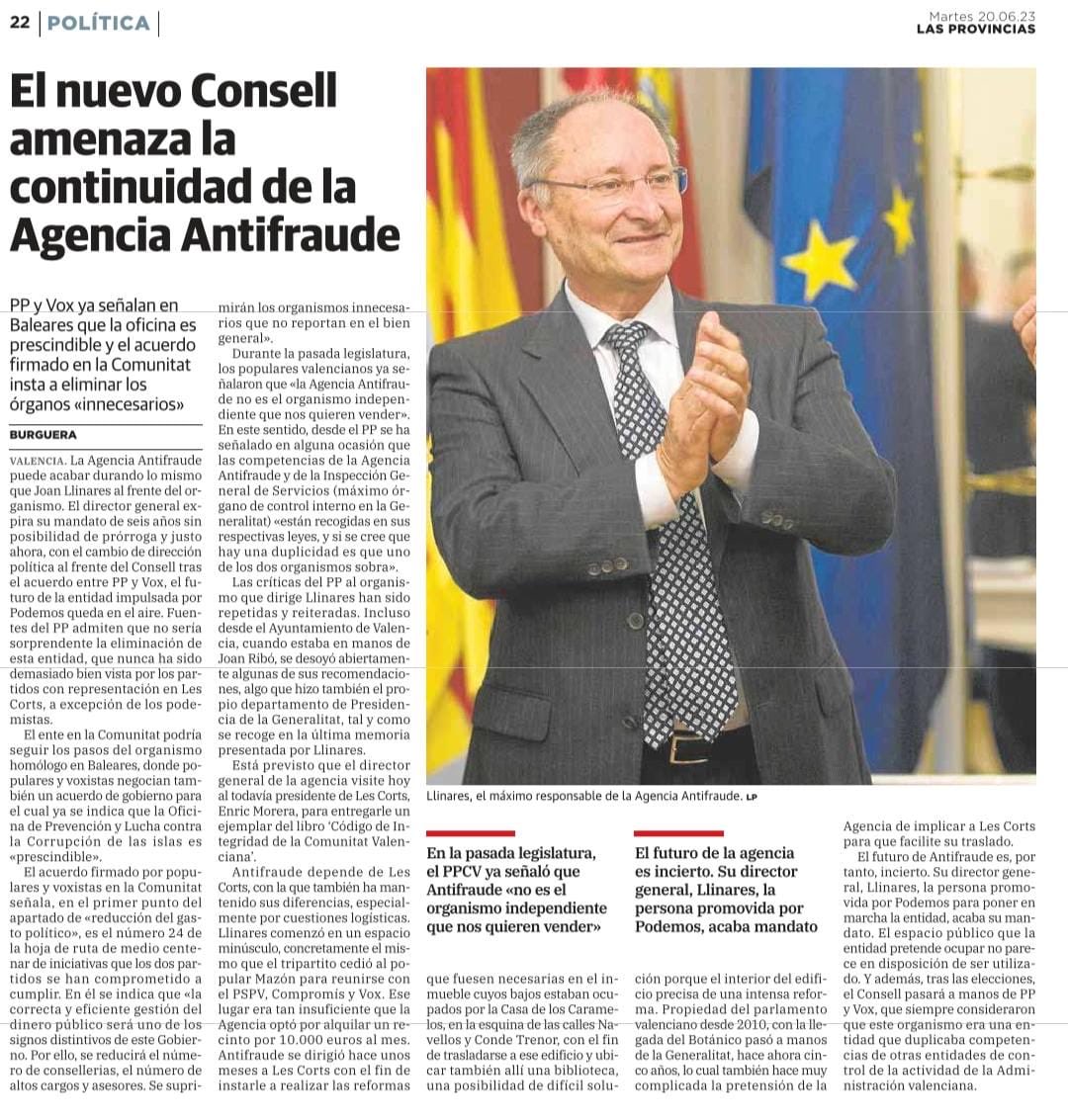 No creo que a ⁦@CarlosMazon40⁩ y a ⁦<a href="/NunezFeijoo/">Alberto Núñez Feijóo</a>⁩ se les ocurra acabar con ⁦<a href="/AntifrauCV/">Agencia Valenciana Antifraude</a>⁩ Es un ejemplo de agencia anticorrupción independiente destacada por la ⁦<a href="/ComisionEuropea/">Comisión Europea en España</a>⁩ como ejemplo de buenas prácticas y debería ser un orgullo para la Com. Valen.