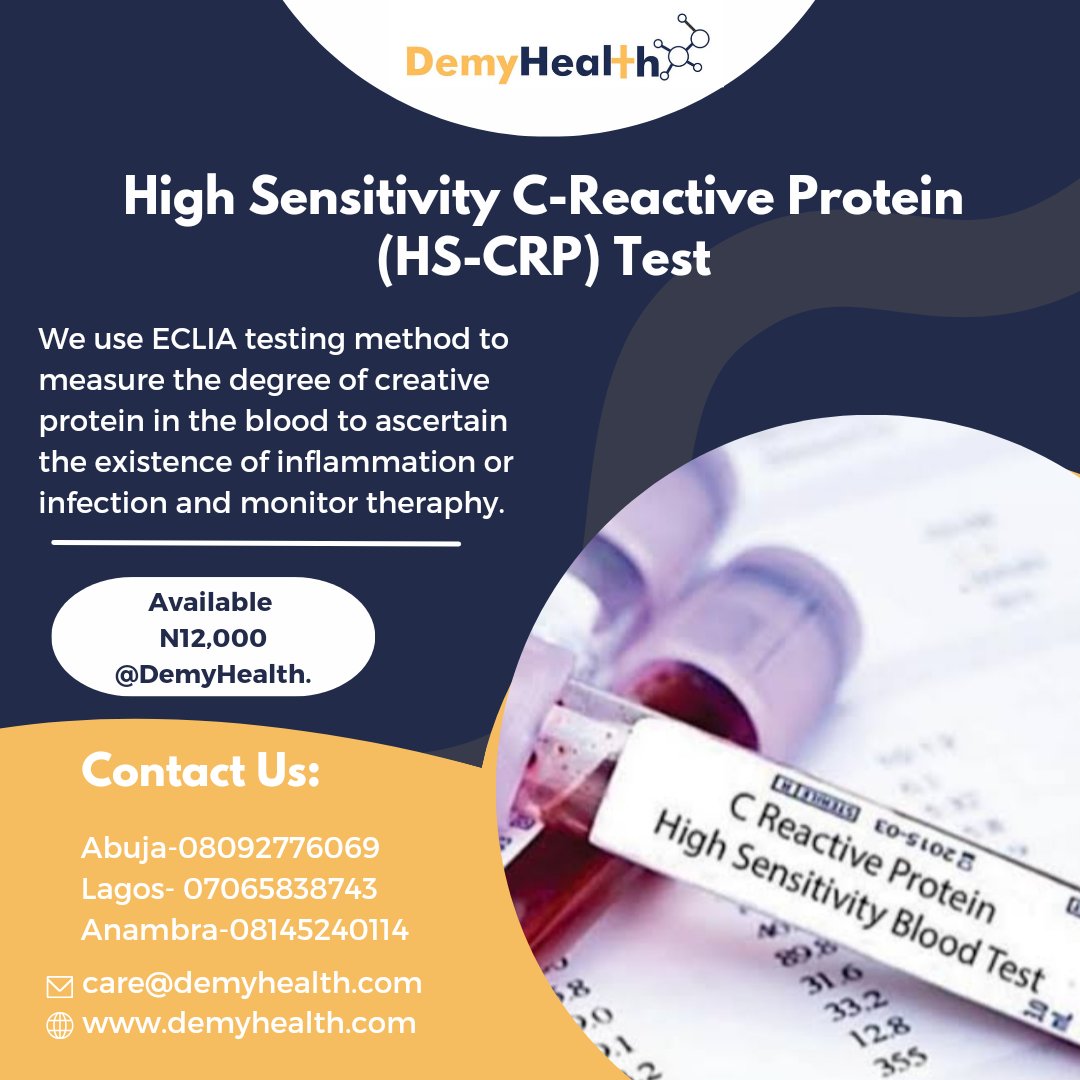 Your health is in your hands! 
Take a proactive approach to your health by keeping tabs on your high sensitivity c-reactive protein test.

#healthawareness
#diagnosis
#labsinlagos
#labsinabuja
#TakeControl