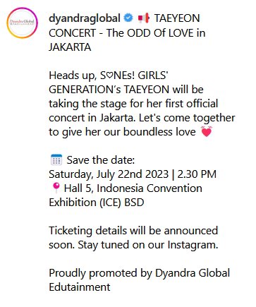 309KTYSS's tweet photo. TAEYEON CONCERT - ‘The ODD Of LOVE’ in Jakarta 🇮🇩 

🗓️ July 22nd 2.30PM JKT
📍 Hall 5, Indonesia Convention Exhibition (ICE) BSD

🔗 https://t.co/PQpC2axRaU

#태연 @TAEYEONsmtown https://t.co/FTBTifN7DZ