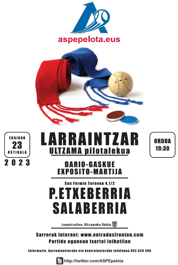 ⚾️ ESKU PILOTA ⚾️

🗓 Ekainaren 23an, arratsaldeko 19:30tan, Ultzama pilotalekuan, esku pilota partiduak egongo dira.

🔜 Lehen partidua Peio eta Salaberriaren artekoa izango da.

👉 Sarrerak interneten: entradasfronton.com

👉Partidu egunean txartel leihatilan.