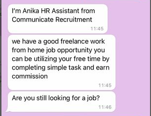 CommunicateSA's tweet photo. SCAM ALERT!! 📢Have you recently received one of these messages? (Frame 2) If so, do not respond. They are fraudulent and do not originate from Communicate Recruitment. https://t.co/GK4NOuYdId