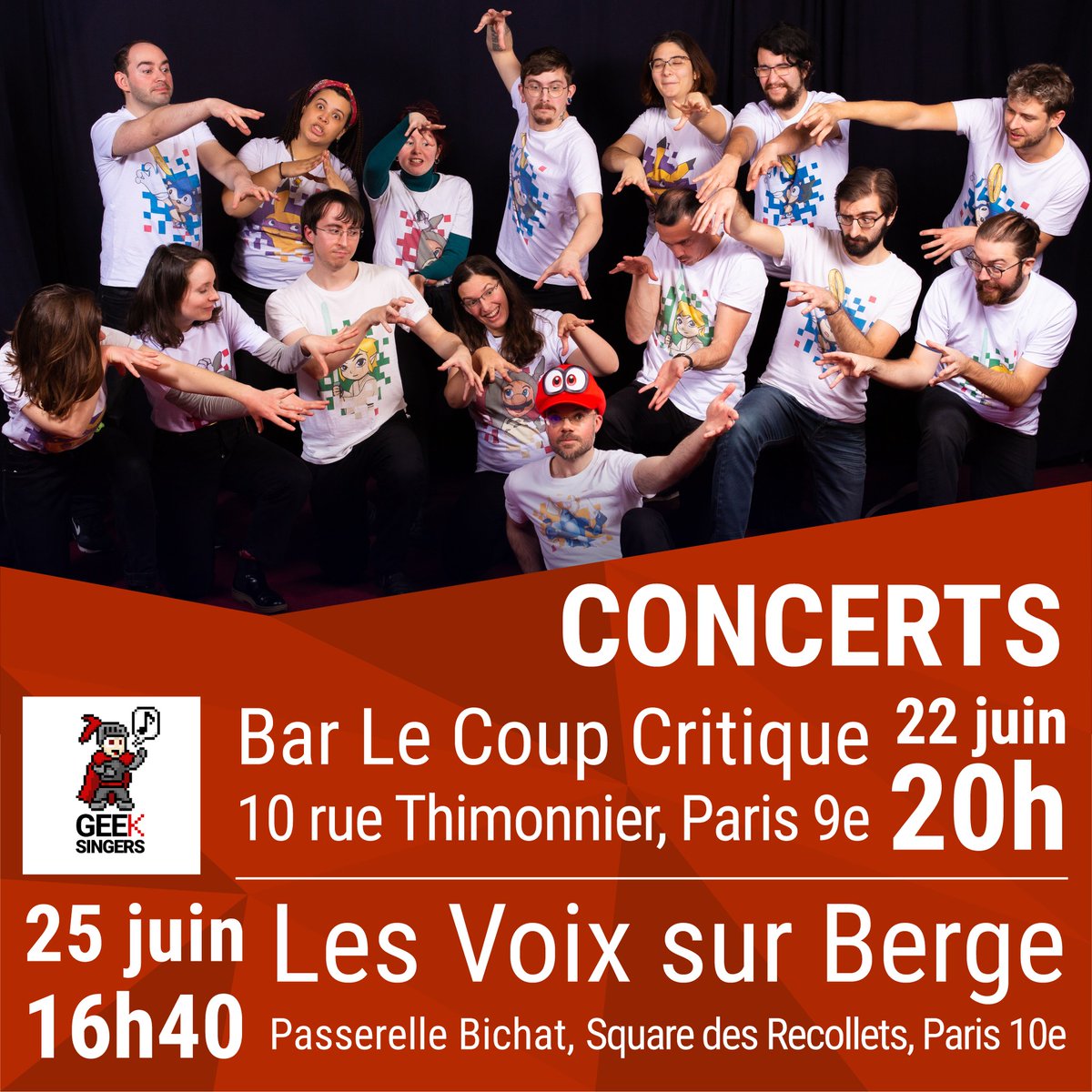🎶#concerts 
Voici nos 2 premières dates pour juin:

📅Le 22 au bar à jeux "Le coup critique" rendez vous à 20h pour l'intégralité de notre programme

📅Le 25 lors du festival Voix sur Berges nous chanteront 40min à la passerelle Bichat, rendez-vous à 16h40

Venez nombreux!