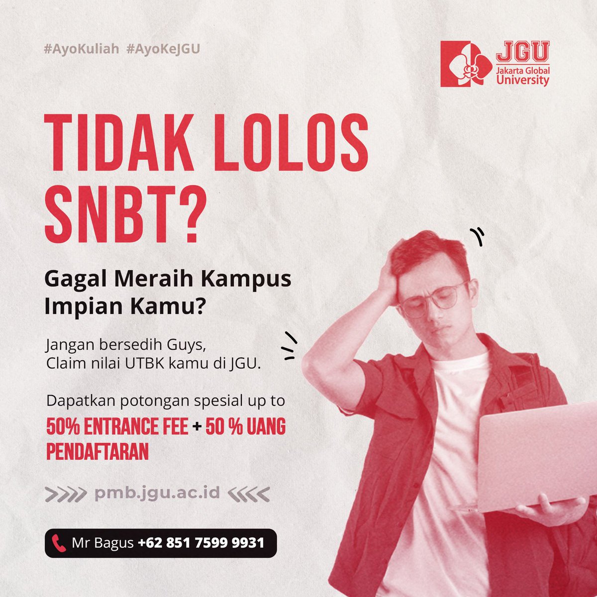 JGU_University's tweet photo. SNBT kamu MERAH?? Don't worry, JGU got your back!!

Ayo Daftar sekarang⬇️⬇️
https://t.co/QU1LQ6yLsD
https://t.co/4MoqgvdSl8
https://t.co/6MKWLrwdNW

#JG_University #AyoKeJGU #JaGUans #SNBT #ALHAMDULILLAHYAALLAH https://t.co/FSoO0Tm6t7