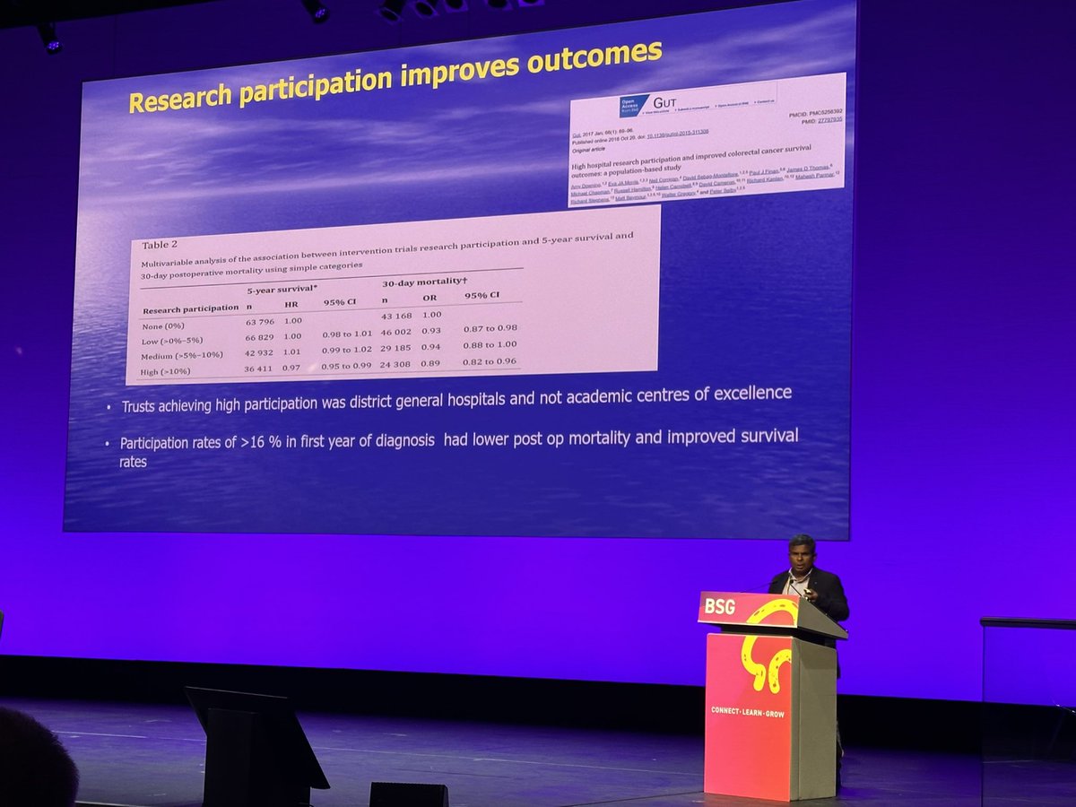 <a href="/ibdseb/">Seb</a> <a href="/ResearchBsg/">BSG Research</a> reminding us that #research participation improves #patientoutcomes but only 5% of consultants in the #UK have any #researchtime in their job plans. <a href="/BritSocGastro/">BSG</a> #bsglive23