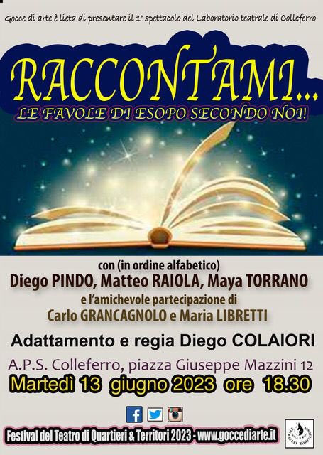 GoccediArte's tweet photo. “Raccontami...”,lo spettacolo dei piccoli attori di Colleferro, con Maria e Carlo, è stato un successo che permetterà una fruttuosa presenza di 'Gocce di arte' nella cittadina della Valle del Sacco! GRAZIE a Diego Colaiori che ha formato il gruppo, conducendolo all’evento finale https://t.co/EG5LDCJkuI