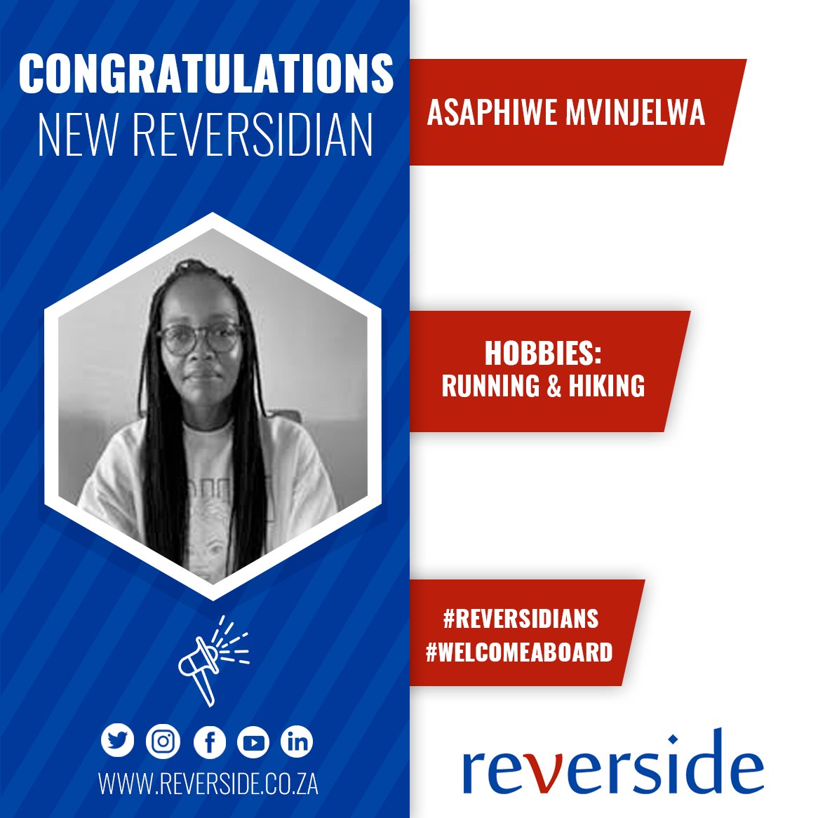 We would like to give a warm welcome to Asaphiwe Mvinjelwa, a new member of the Reversidian team!
 
 #Welcometotheteam #Reversidians #Welcomeaboard #youarewithgoodcompany #team #welcome #newemployee #theteam