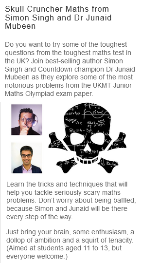SLSingh's tweet photo. Next week, for @mathsweekldn Maths Week London, Junaid and I are looking at some skull cruncher questions from the @UKMathsTrust Junior Olympiad - sign up for our free online webinar for London kids in Key Stage 3 (but pretty everyone welcome) https://t.co/mtwL8amBMP https://t.co/wfP78pQku8
