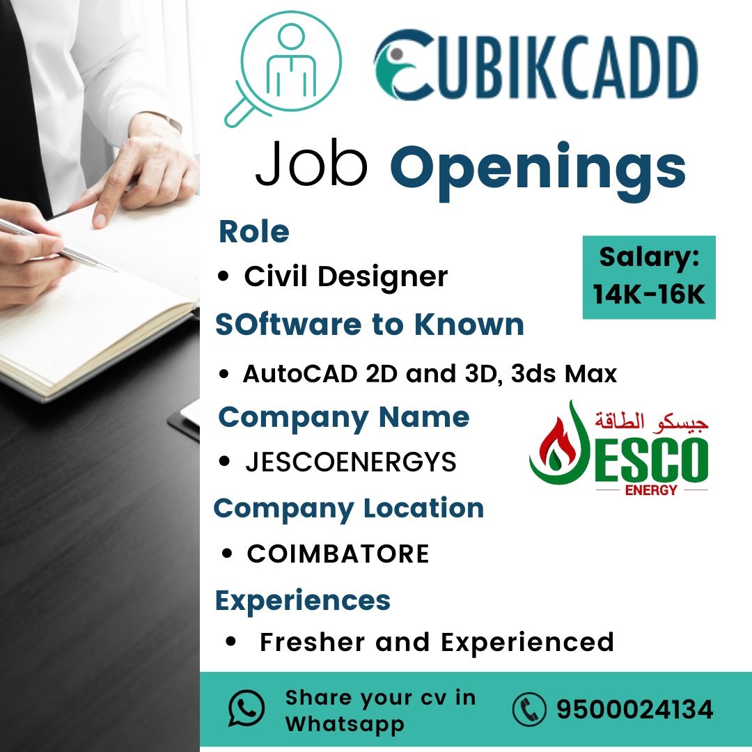 Job Openings

Software known - Autocad 2D,3D & 3DS Max

LOCATION - Coimbatore

Freshers also can apply*

Share your cv to WhatsApp - 9500024134

#jobopenings #cubikcadd #freshersapply #ramnagar #civil #cadd #placementassurance #placement #autocad #solidworks #100jobassurance