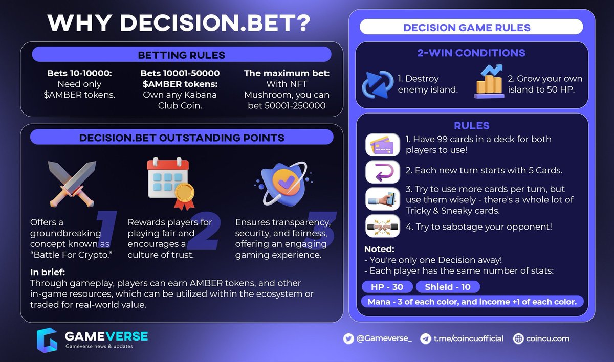 Gameverse_'s tweet photo. 🔥WHY https://t.co/aGKUj75mHM?🔥
@DECISIONbet sets itself apart from other card games and crypto games by offering a groundbreaking concept known as “Battle For Crypto.”
#DECISIONgame #Play2Earn #NFTs
More details!
👇 https://t.co/GmYGGSUxv4