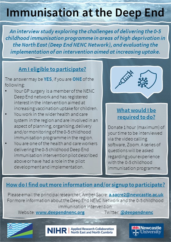 Research opportunity - An interview study exploring the challenges of delivering the 0-5 childhood immunisation programme in areas of high deprivation in the North East.
#DeepEndNENC @deependNENC @SarahLSowden @adamtodd138 @DrNCBennett @ProfBambra