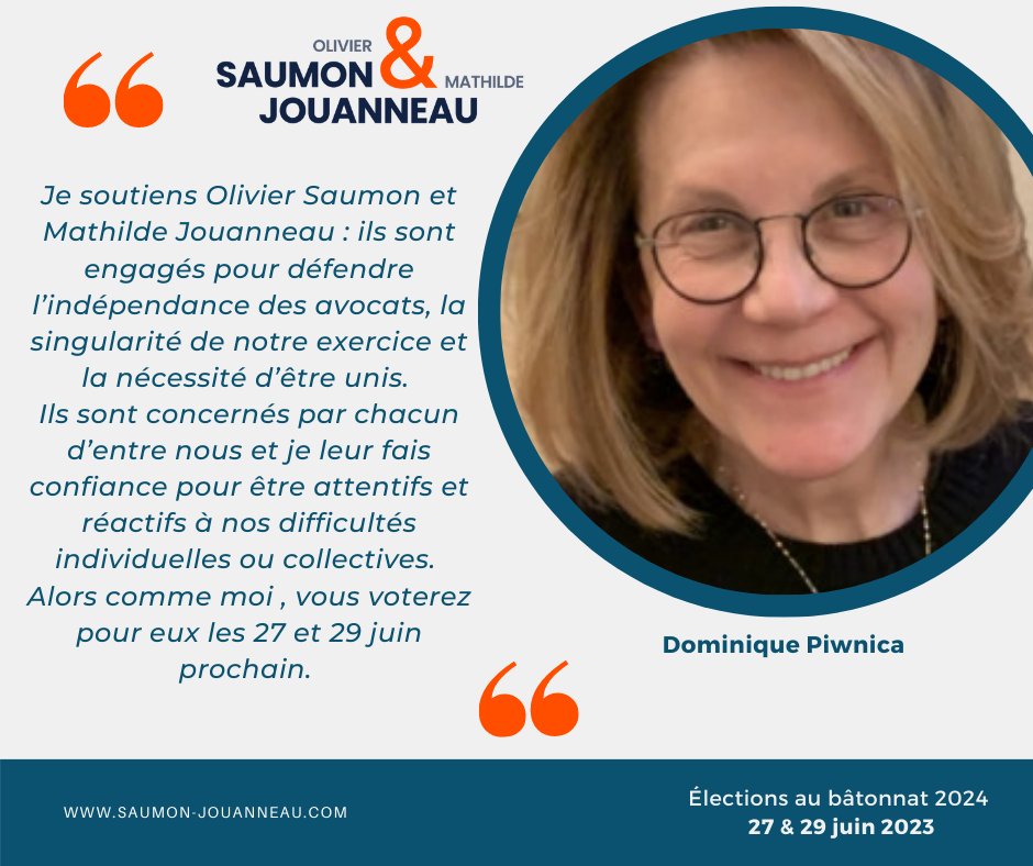 Derrière un binôme il y a des soutiens, indispensables à notre travail d'équipe pour #AGIR, informer, guider, soutenir !

Merci à tous et merci à Dominique Piwnica ! 

Retrouvez nos soutiens sur notre site : saumon-jouanneau.com

#Bâtonnat2024
#SaumonJouanneau