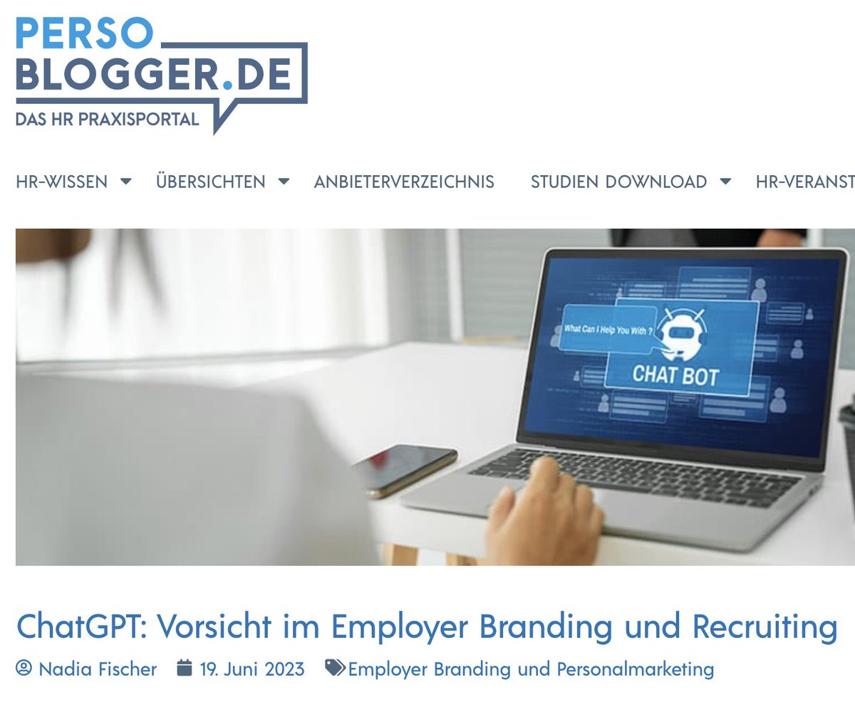 The famous German HR platform eu1.hubs.ly/H047Fwm0 features my article on why we should be cautious when using ChatGPT in Employer Branding and Recruiting. Read more in detail here: (German only) eu1.hubs.ly/H047FBL0 #ChatGPT #InclusiveLanguage #InklusiveSprache #DEI