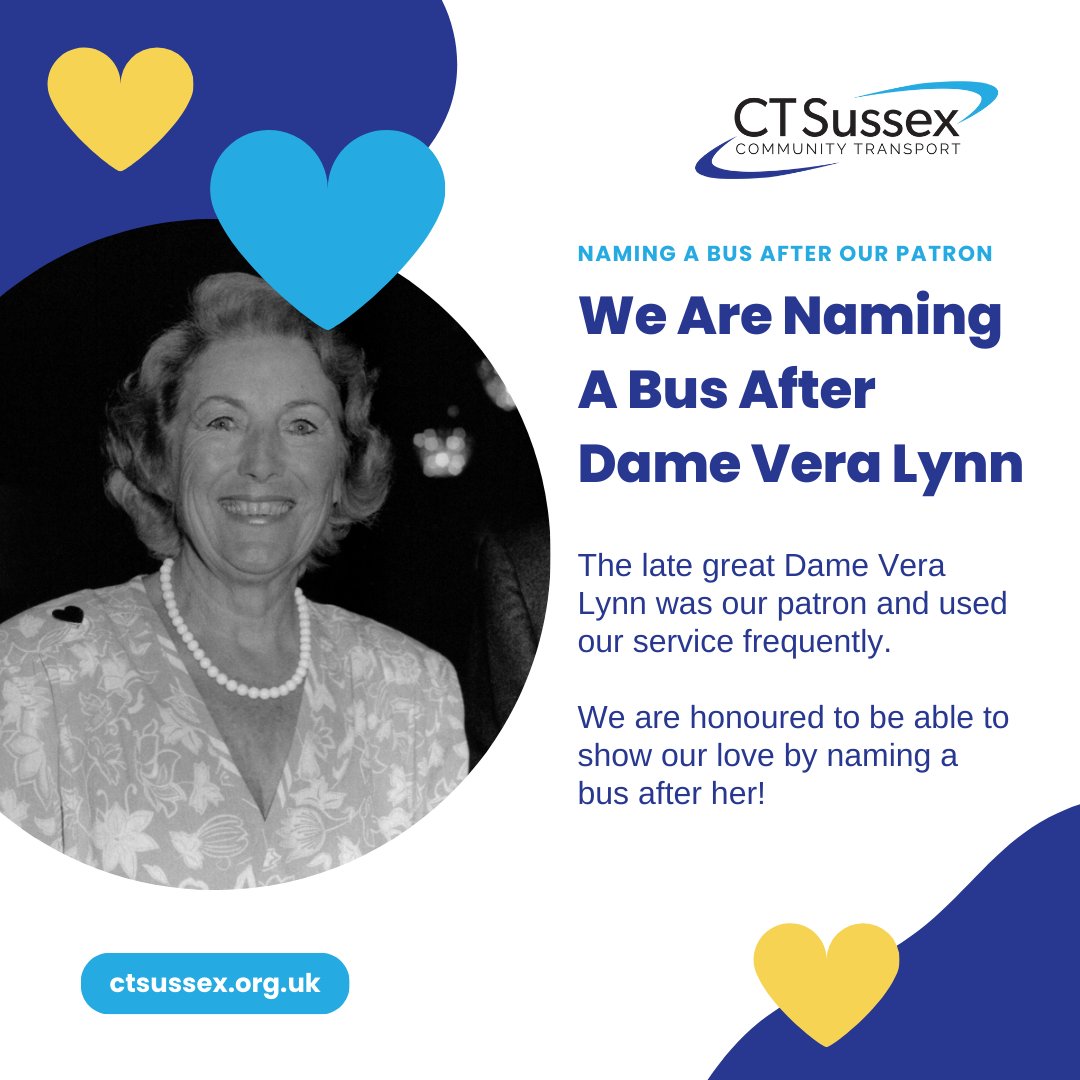ct_sussex's tweet photo. On the anniversary of her passing, we are honoured to announce we are naming one of our buses after Dame Vera Lynn 💙

The late great singer frequently used our services in her later years, and we wanted to celebrate her amazing life!

#DameVeraLynn #Transport #Charity #Community https://t.co/xkifUOJJf7