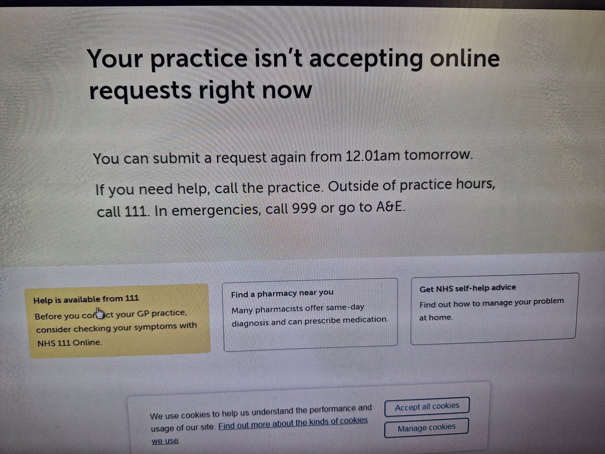 GerwatVirginia's tweet photo. 8am used to be the time to ring for urgent on the day appts with GPs. Rang at 4pm as it's quieter to pre-book whenever and whatever I could get, told to ring at 8am to pre-book or do e-consult. Logged on at 10am but asked to submit from 12.01 tomorrow. Really fed up

#NHMess https://t.co/RIV1lkZZlL